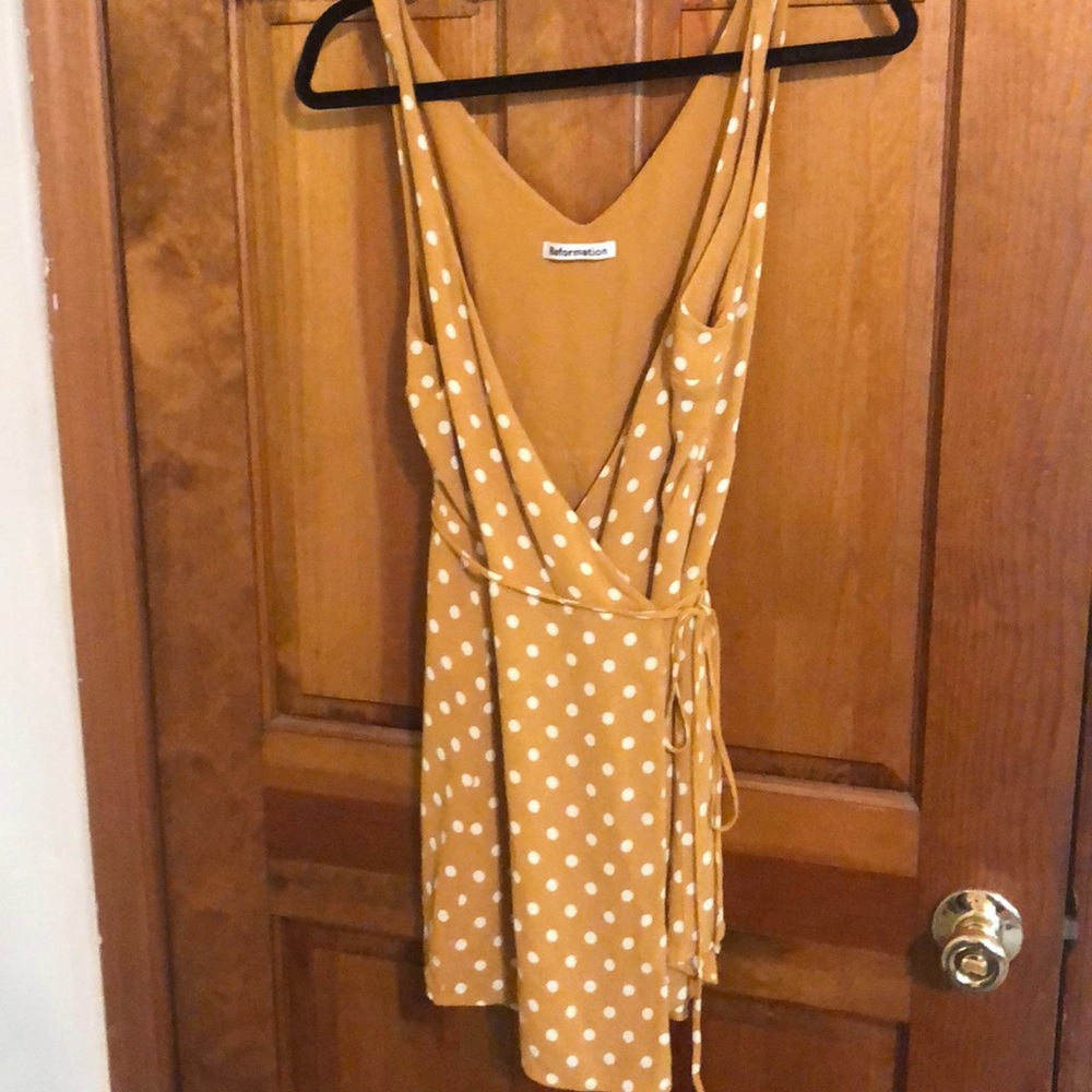 Reformation wrap mini dress yellow polka dot